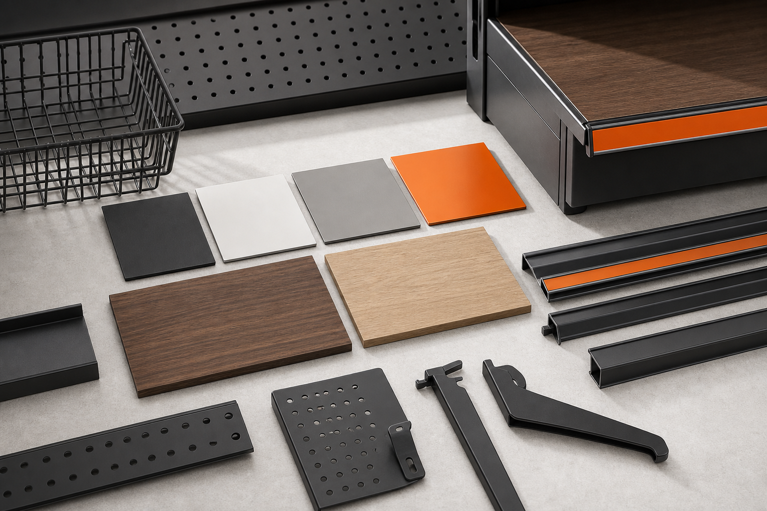 OUYEE shelving color swatches, timber finishes and accessory samples