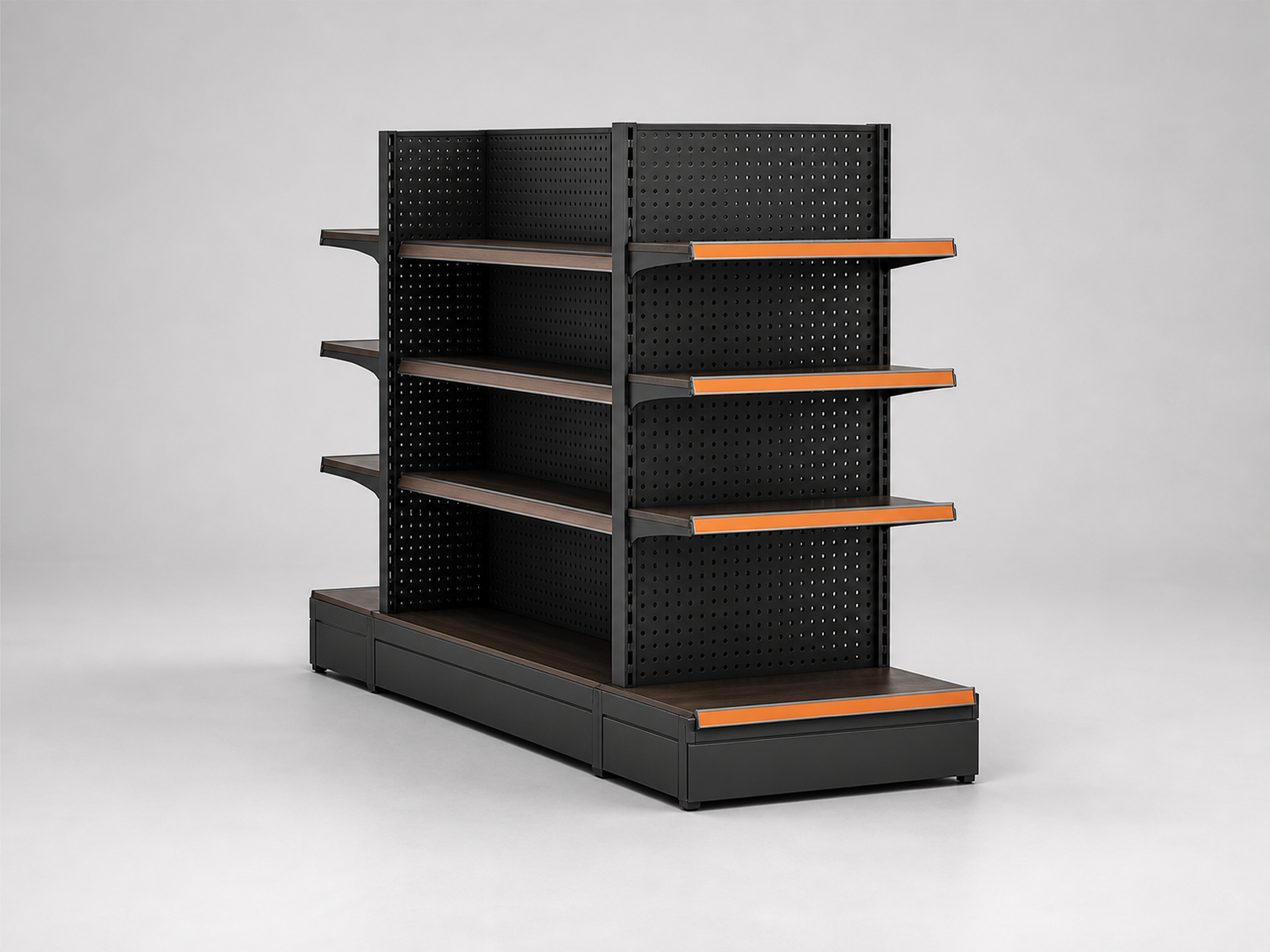 Double-sided supermarket gondola shelving