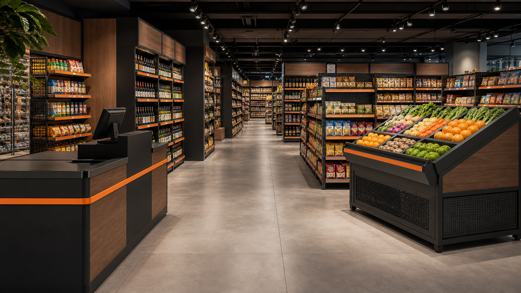 Completed supermarket fitted with coordinated shelving