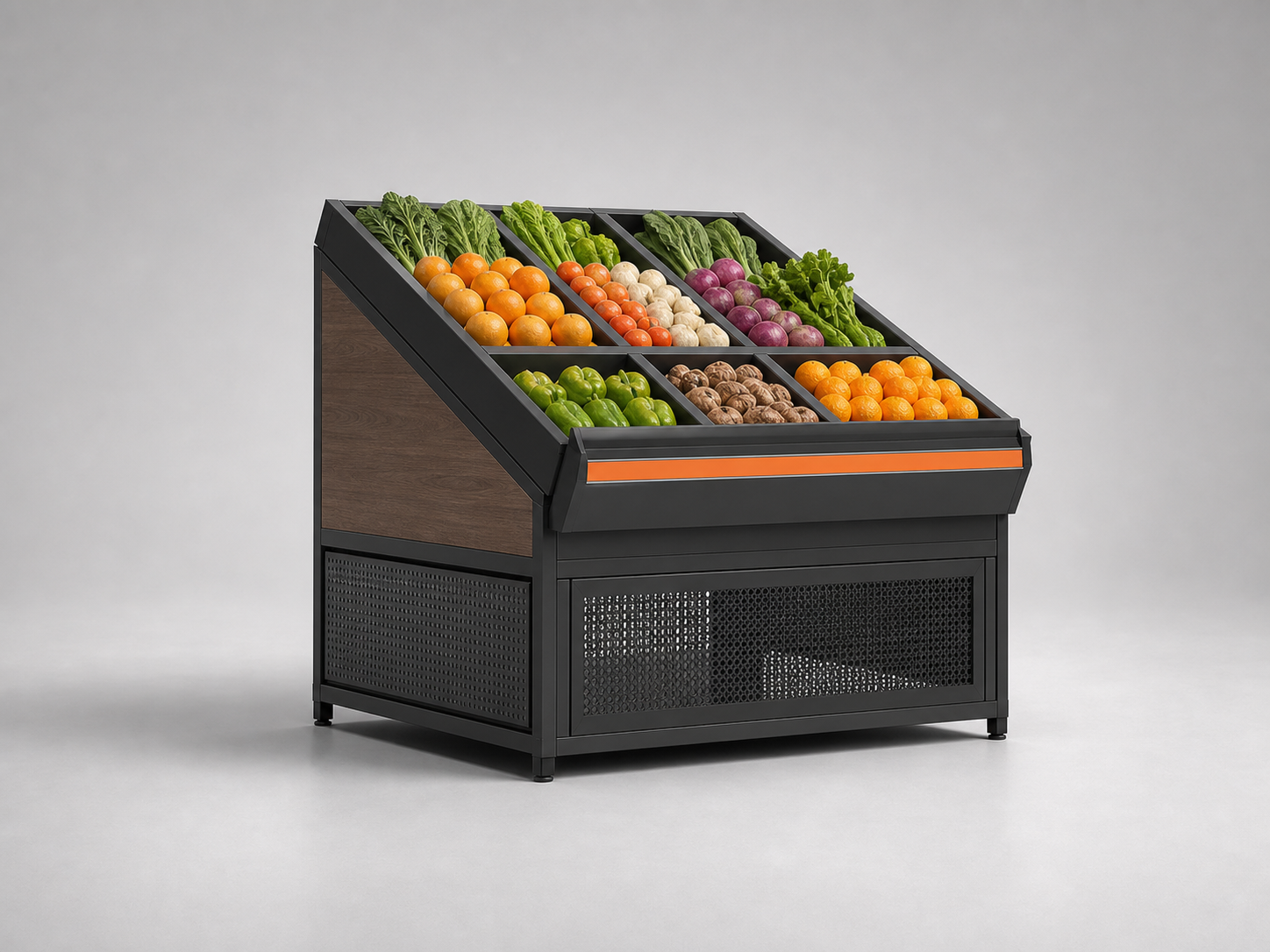 Fresh produce display island with black bins and timber side panels
