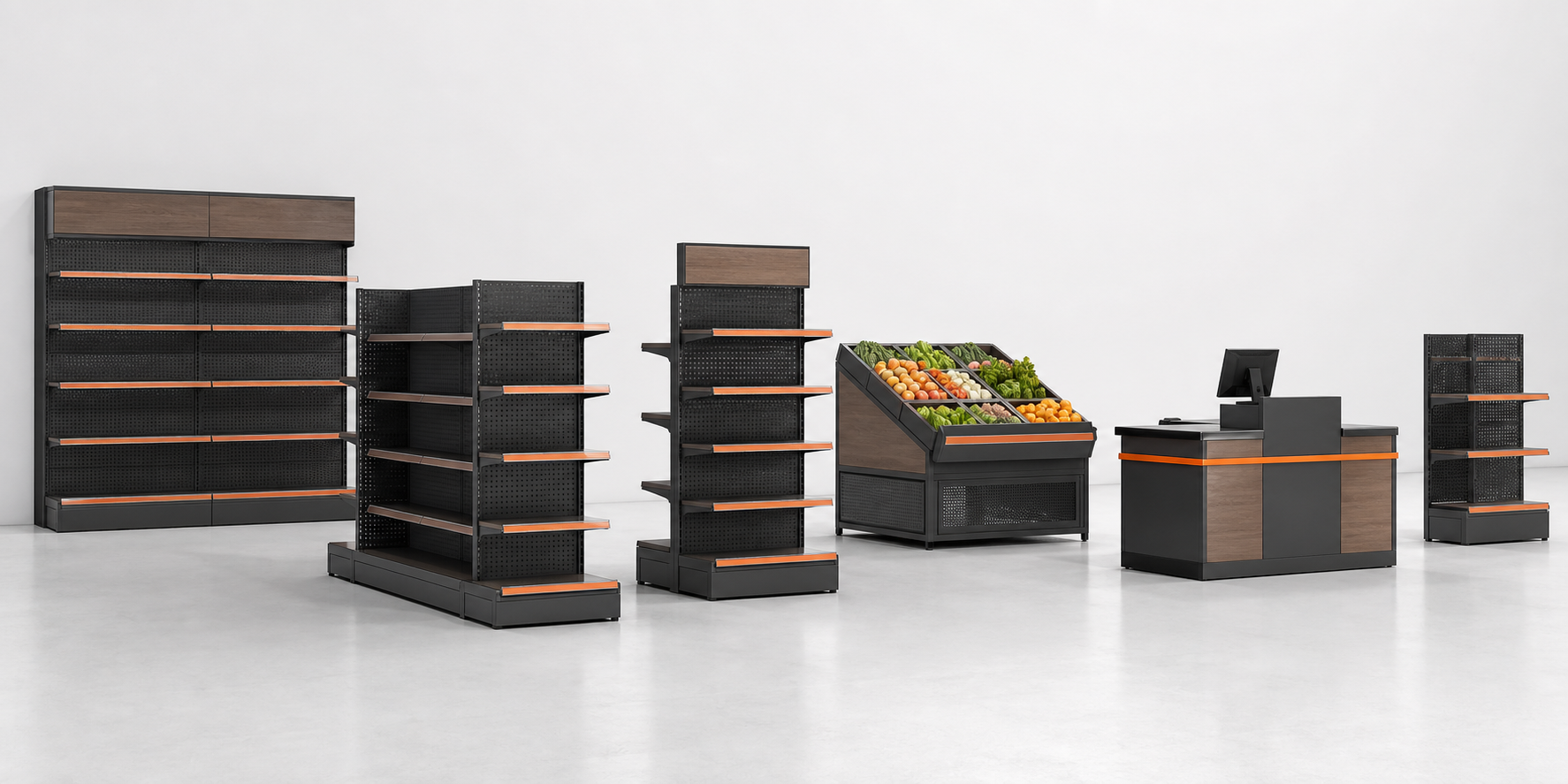 Coordinated OUYEE supermarket shelving fixture family