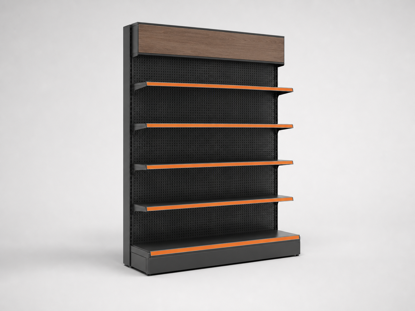 Charcoal supermarket wall shelving with walnut header and orange shelf edges